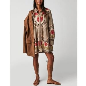 NWT FREE PEOPLE | Smell The Roses Mini Dress Tea Combo Medium Tan Pink Brown